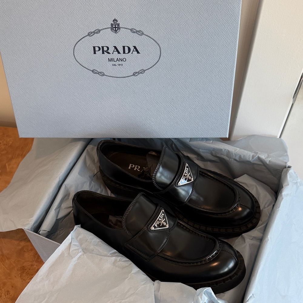 Prada Black Leather Loafers with Logo Plaque
